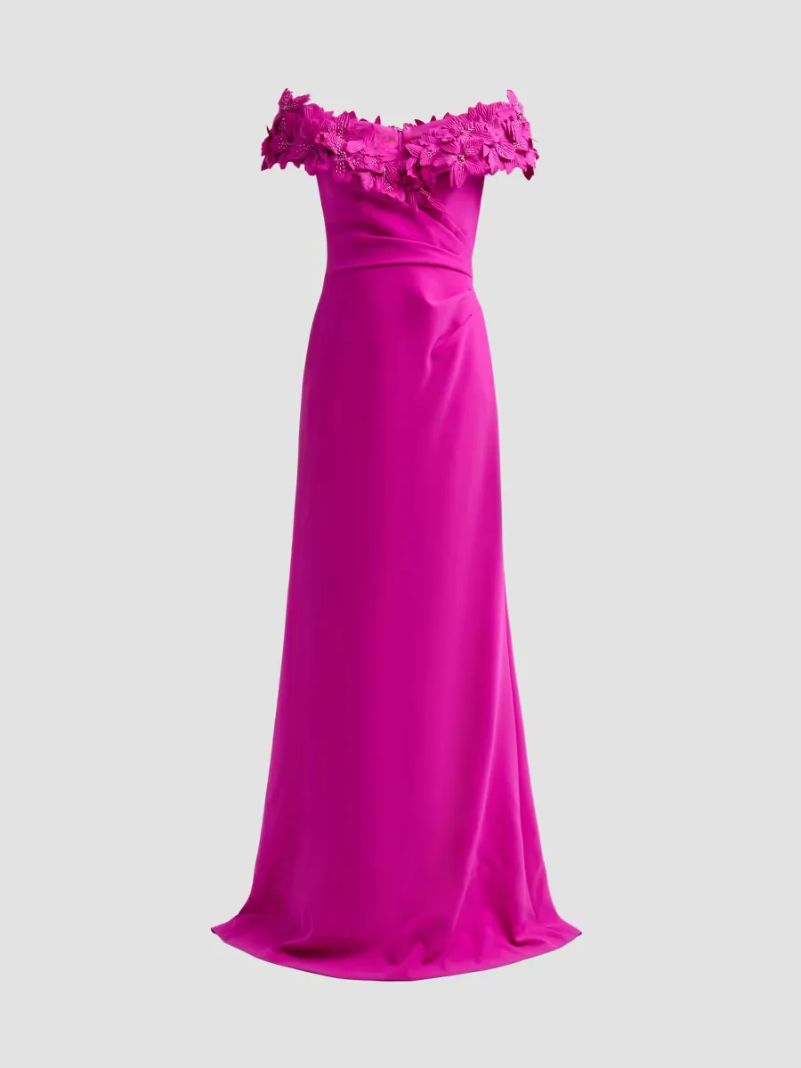 Teri Jon by Rickie Freeman Crepe Off-The-Shoulder Gown