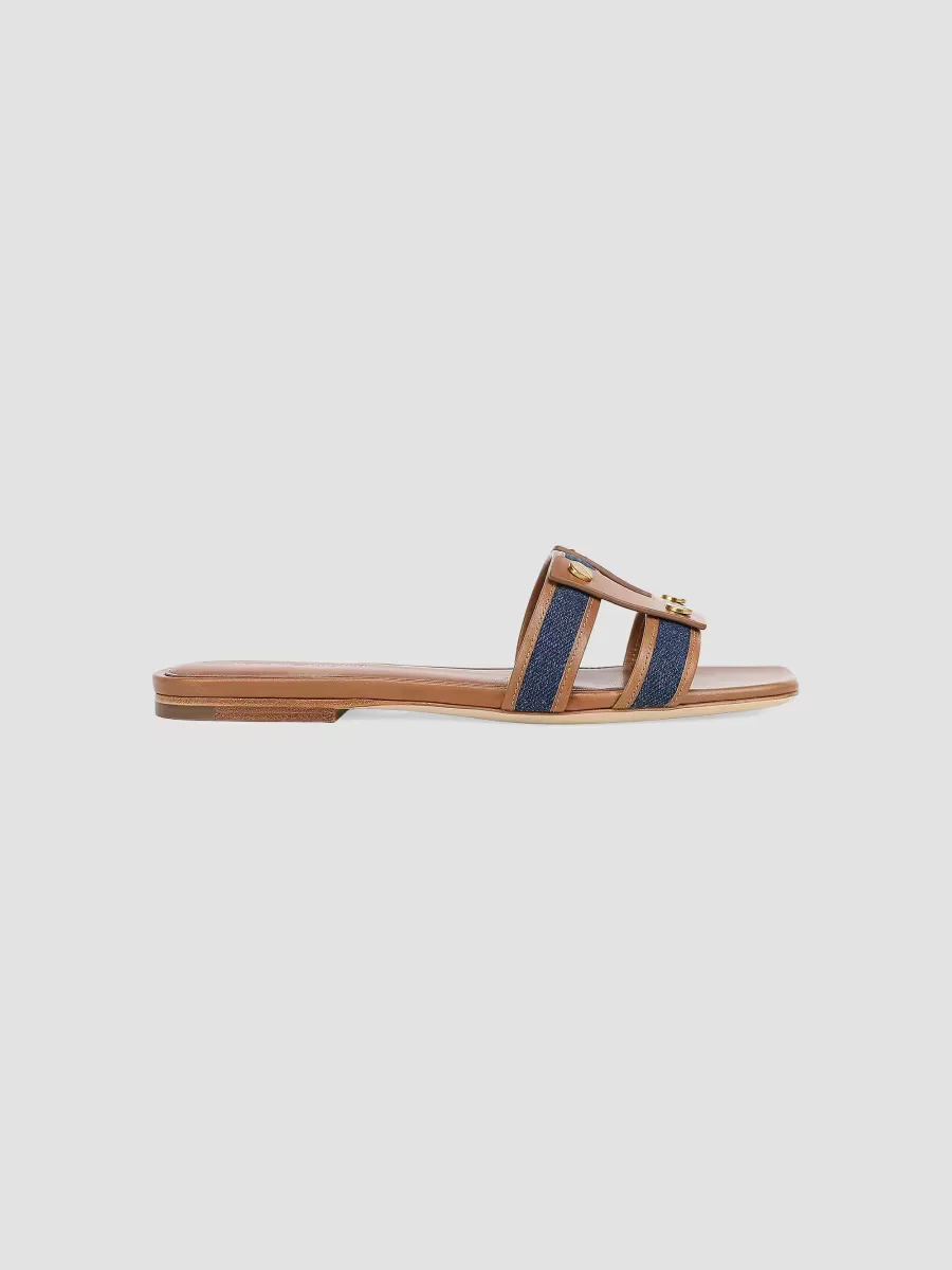 Via Leather-Denim Flat Sandals by Veronica Beard