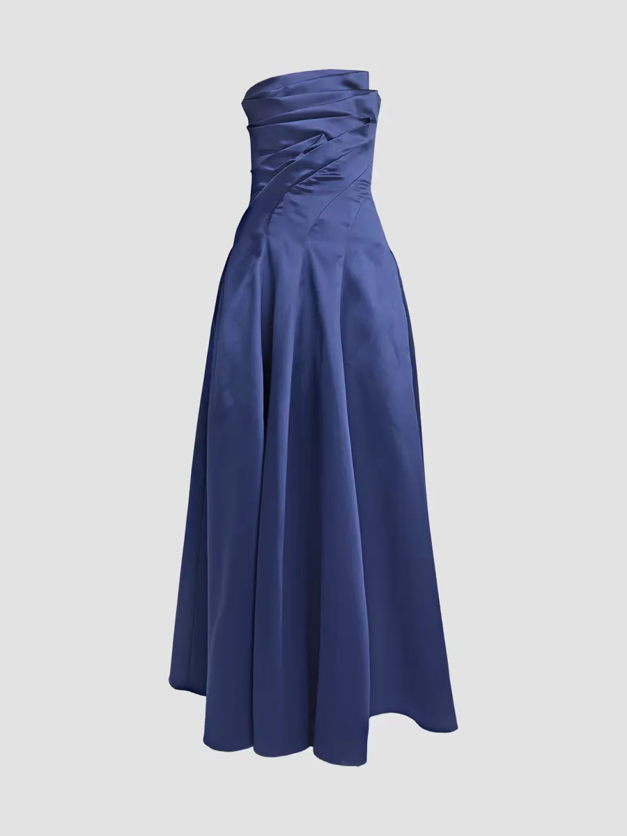Satin Pleated Strapless Gown