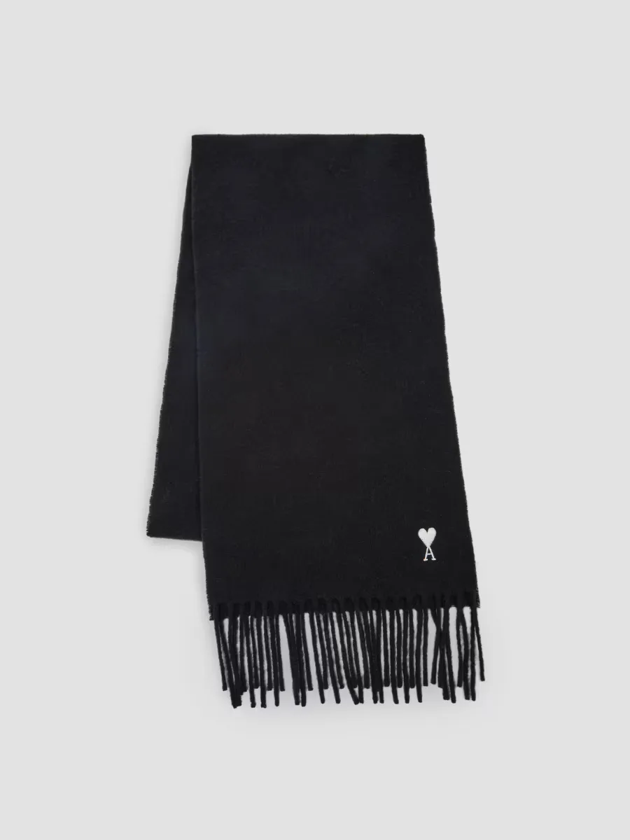 Embroidered Fringed Wool Scarf by AMI Paris