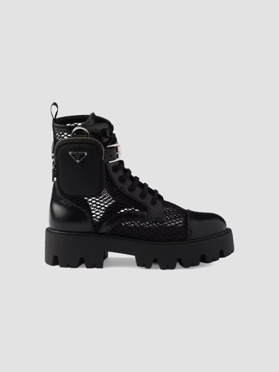 Mesh Fabric and Brushed Leather Booties with Pouch