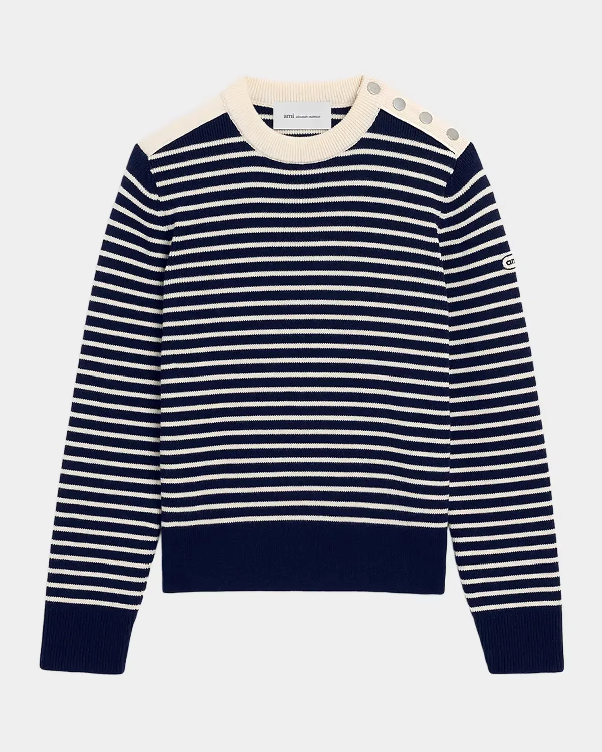 Button-Shoulder Striped Wool Crewneck Sweater