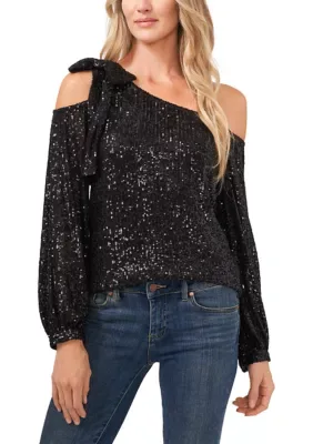 Long Cold Shoulder Asymmetrical Neck Sequin Top by CeCe