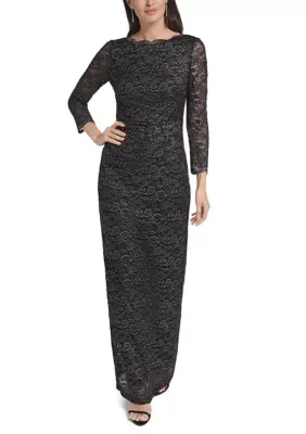 Long Sleeve Lace Ruched Waist Slim Gown by Jessica Howard