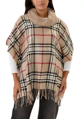 Plaid Poncho with Knit Collar by V Fraas