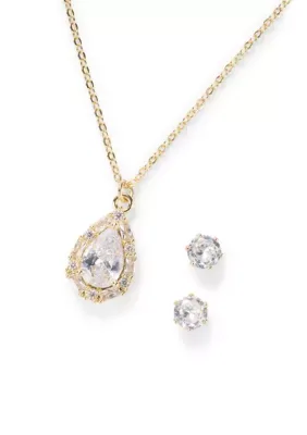 Fine Plated Cubic Zirconia Pav Pear-Shaped Pendant Necklace and Cubic Zirconia Stud Earrings by Belk Silverworks