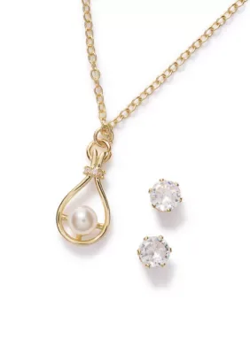 Fine Gold-Plated Pearl Pendant Necklace and Cubic Zirconia Stud Earrings by Belk Silverworks