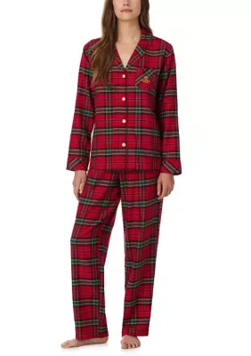 Long Sleeve Notch Collar Shirt and Long Pants Pajama Set