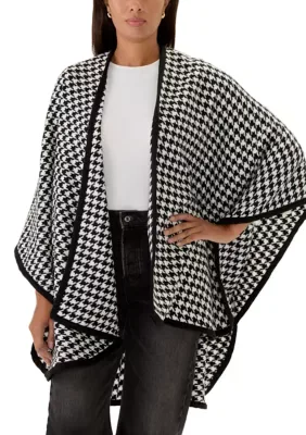 Classic Houndstooth Pattern Ruana Wrap with Black Border Trim