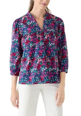 3/4 Blouson Sleeve Multicolored Floral Split Neck Blouse by Pine Proper