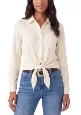 Faux Suede Long Sleeve Embellished Tie-Front Shirt by Karen Kane