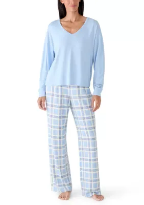Brushed Knit Long Sleeve Shirt and Wide Leg Pants Pajama Set by Olive  Oak