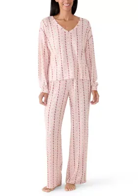Brushed Knit Long Sleeve Shirt and Wide Leg Pants Pajama Set