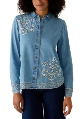 Denim Embroidered Button Down Shirt by Wonderly
