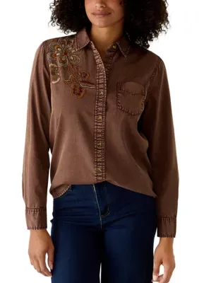 Twill Embroidered Button Down Shirt by Wonderly