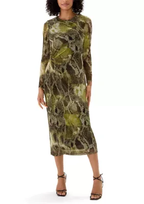 Long Sleeve Side Ruched Mesh Midi Dress by Kenneth Cole