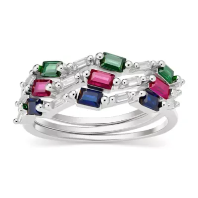 Sterling Silver Baguette-Cut Multi-Color 3pc Stackable Ring Set by Kylie Harper