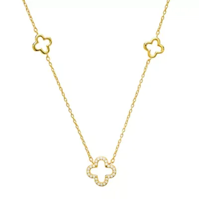 Sterling Silver CZ Clover Station Necklace
