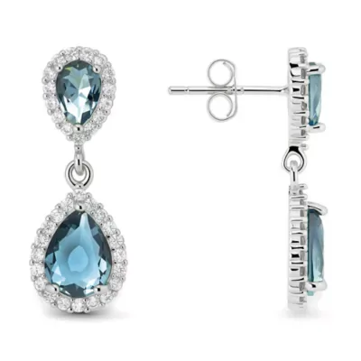 Sterling Silver Pear-Cut London Blue CZ Halo Dangle Earrings by Kylie Harper