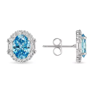 Sterling Silver Oval-Cut Swiss Blue CZ Halo Stud Earrings by Kylie Harper