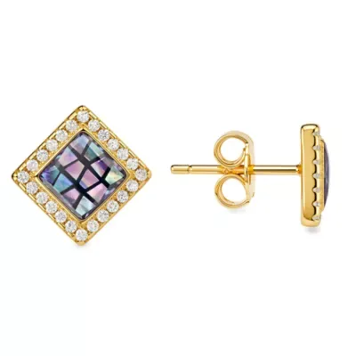 Sterling Silver Mosaic Abalone Pearl Square Stud Earrings