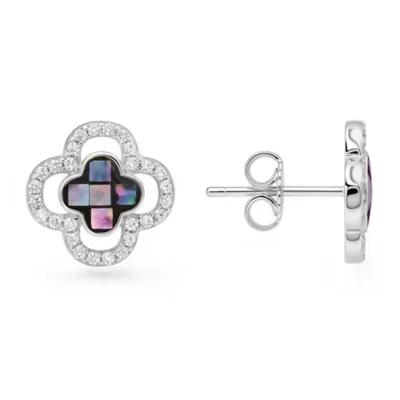 Sterling Silver Mosaic Abalone Pearl Clover Halo Earrings by Kylie Harper