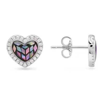 Sterling Silver Mosaic Abalone Pearl Heart Halo Earrings