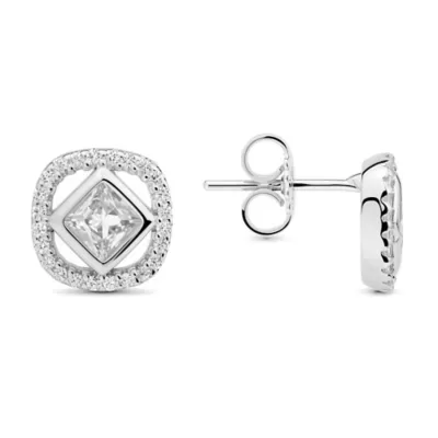 Sterling Silver Princess-Cut CZ Halo Stud Earrings