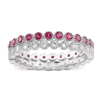 Sterling Silver Vintage Milgrain-Finish Ruby CZ 2pc Stackable Ring Set by Kylie Harper