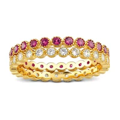 Sterling Silver Vintage Milgrain-Finish Ruby CZ 2pc Stackable Ring Set