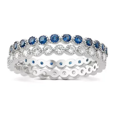 Sterling Silver Vintage Milgrain-Finish Sapphire CZ 2pc Stackable Ring Set by Kylie Harper