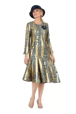 Metallic Mosaic Brocade Drop-Waist Flare Dress by Giovanna