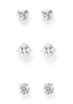 Sterling Silver Cubic Zirconia Heart Square Circle Stud Earrings