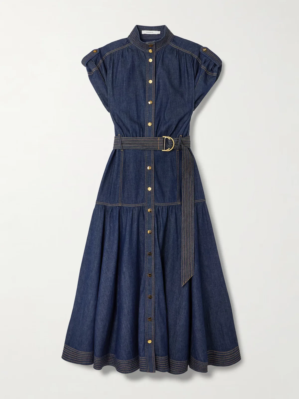 - Belted Tiered Denim Midi Dress -