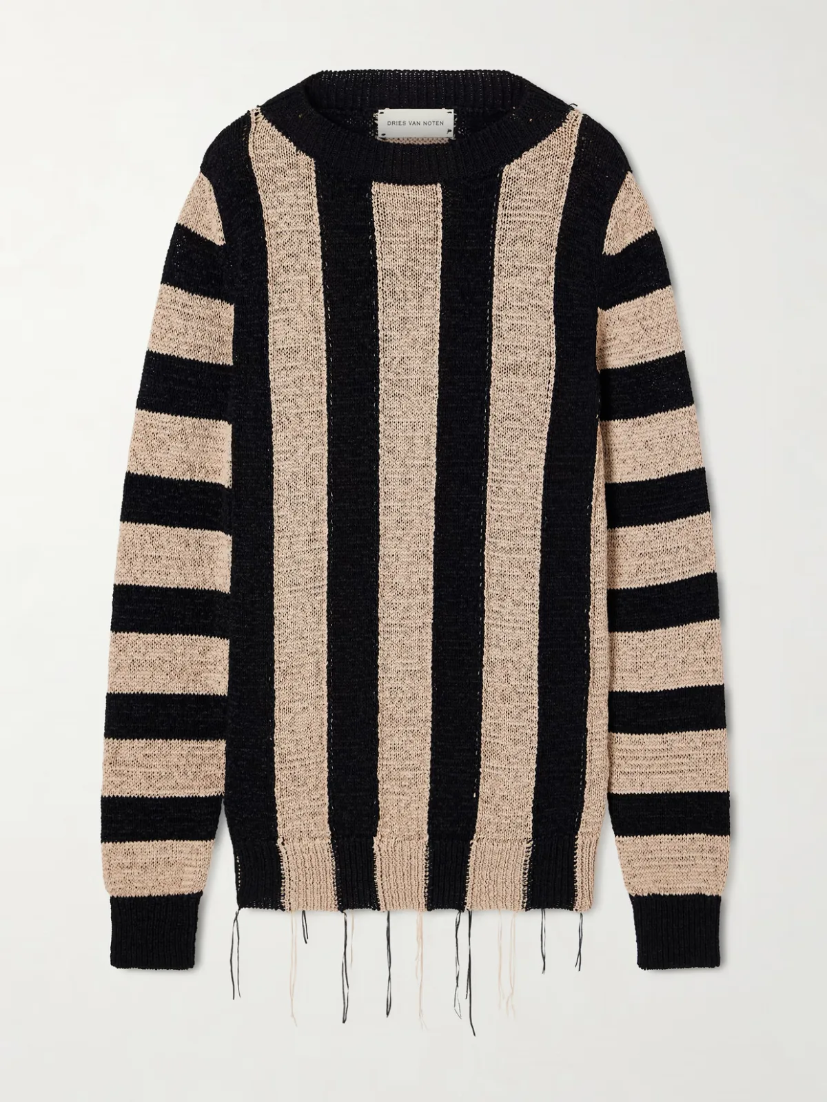 - Topic Frayed Striped Open-knit Sweater -