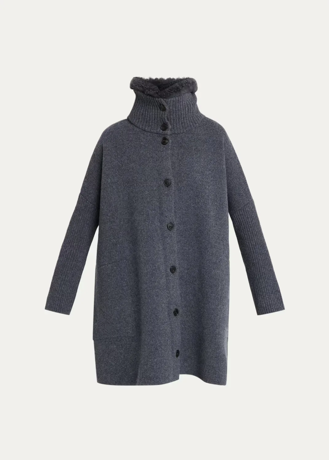 Goat Shearling Collar Oversized Wool Knit Coat by Yves Salomon
