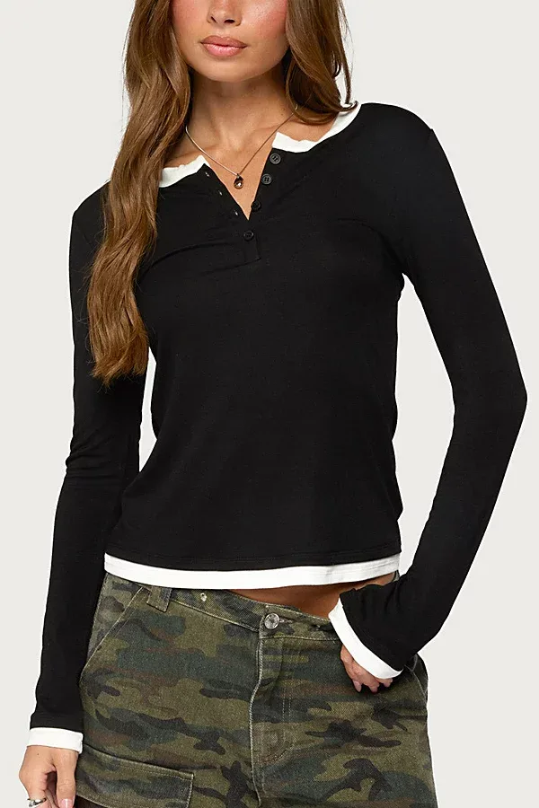 Contrast Layered Look Henley Top by Edikted