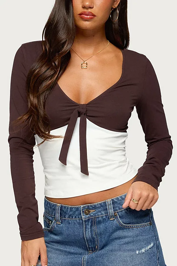 Ebia Contrast Long Sleeve Tie Top