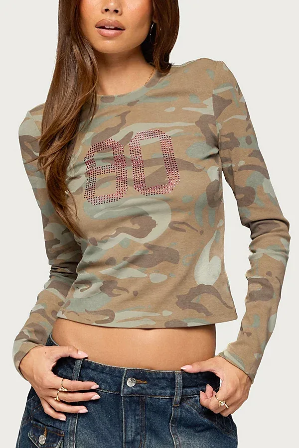80S Edikted Long Sleeve Rhinestone Top
