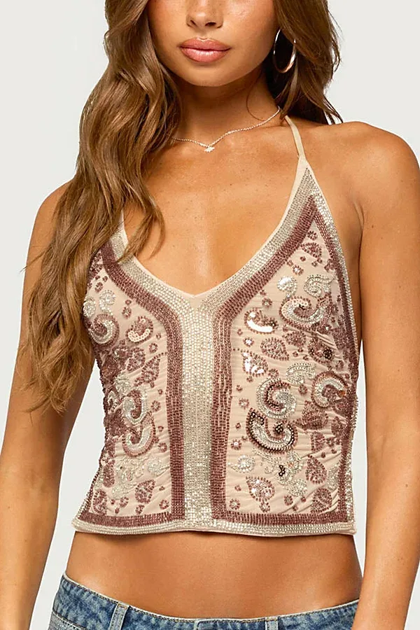 Delanie Beaded Backless Halter Top