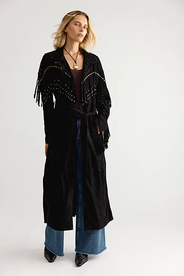 Understated Leather Fringe Suede Trench Coat by Understated Leather
