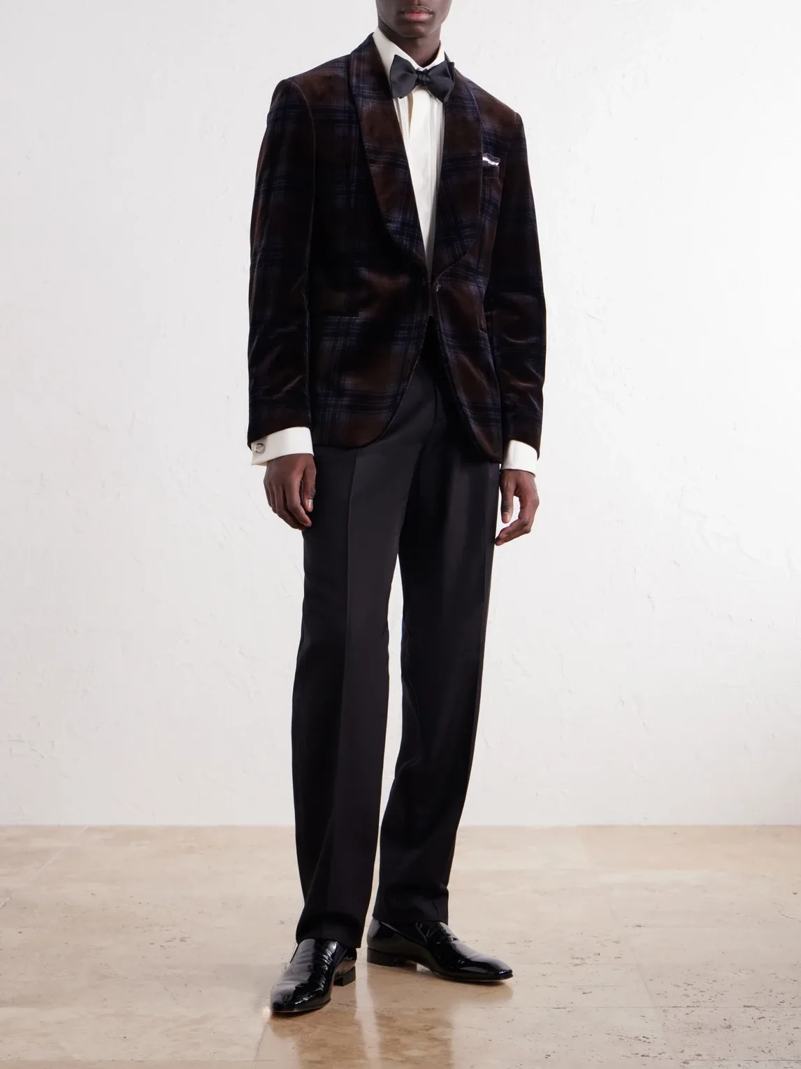 Shawl-Collar Checked Cotton-Velvet Tuxedo Jacket