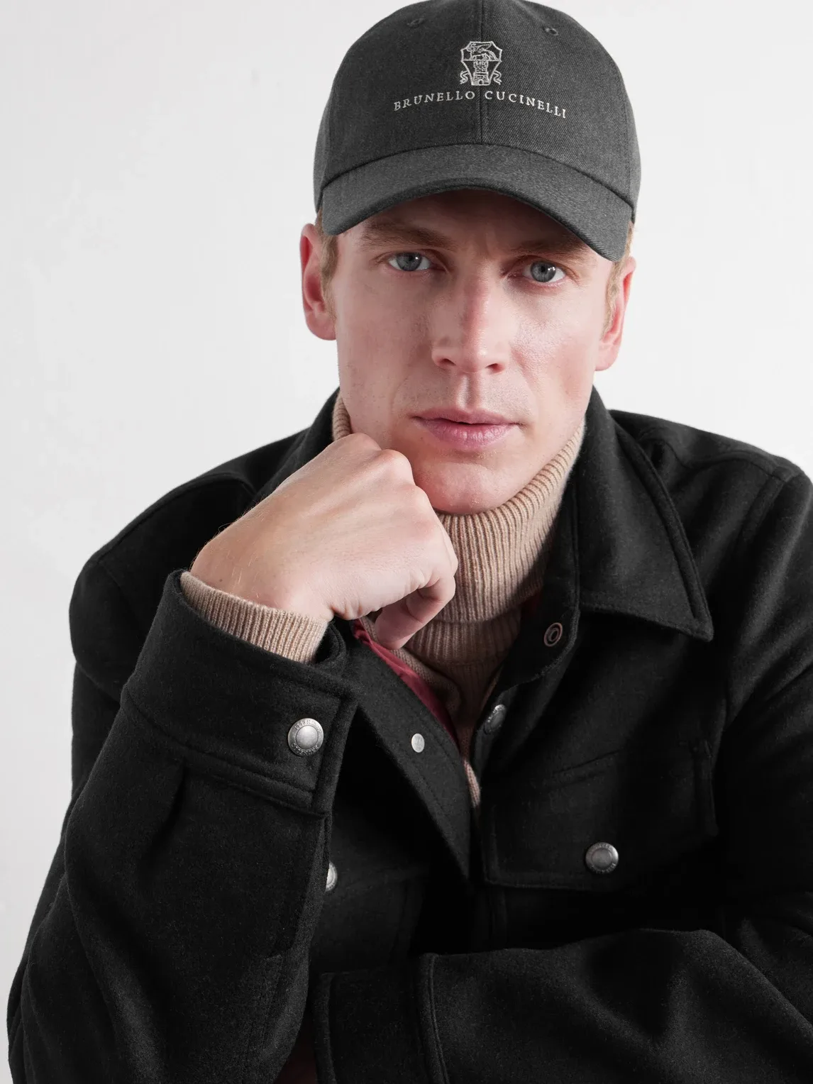 Logo-Embroidered Leather-Trimmed Cotton and Wool-Blend Twill Baseball Cap by Brunello Cucinelli