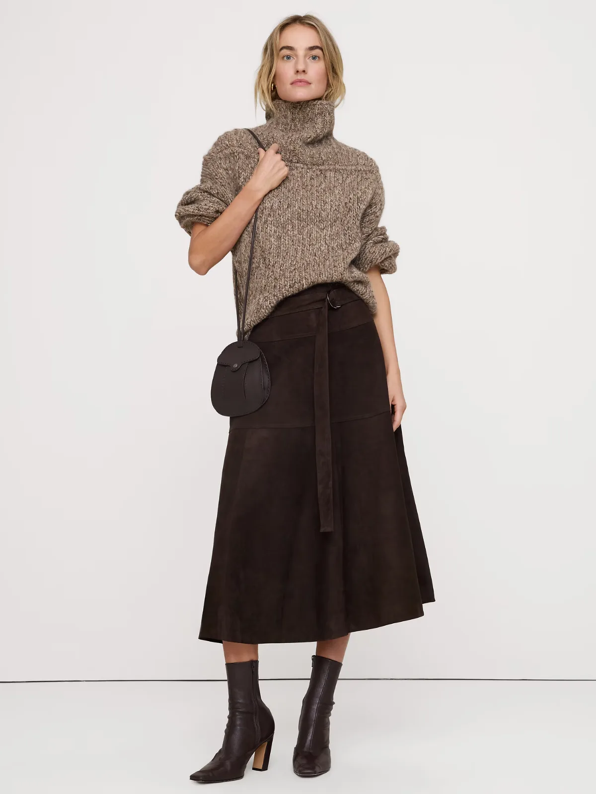 Tiered Suede Belted Midi Skirt