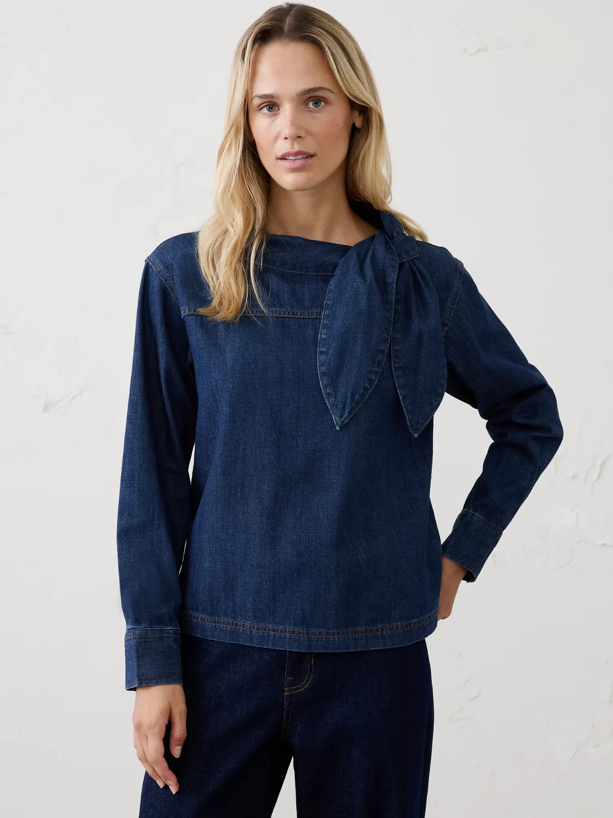 Denim Tie-Neck Top by Banana Republic