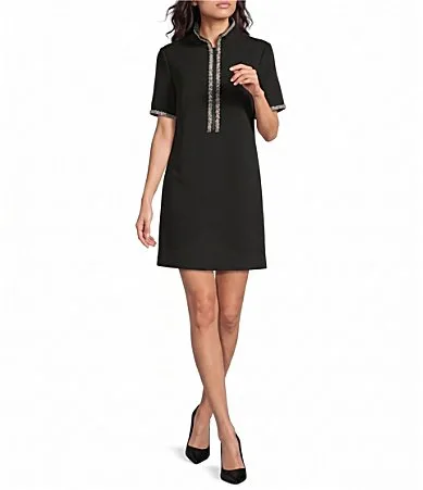 Scuba Crepe Loretta Grosgrain Ribbon Stand Collar Short Sleeve Mini Dress
