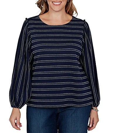 Textured Knit Dobby Stripe Crew Neck Bracelet Length Sleeve Top by Ruby Rd