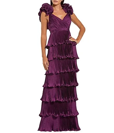 Mac Duggal Satin Sweetheart Neck Ruffle Cap Sleeve Tiered Pleated Fit and Flare Gown by M.A.C.