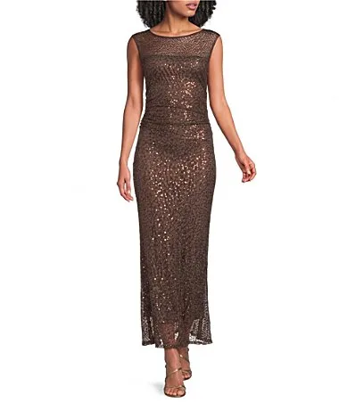 Boat Neck Ruched Sequin Trumpet Cap Sleeve Dress