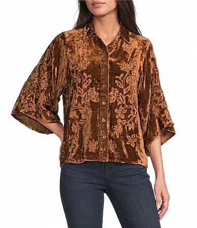 Woven Velvet Point Collar Cape Sleeve Blouse by Tru Luxe Jeans